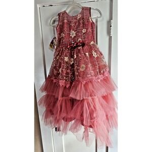 Jaida & Sons DM DRESSES 7-8 Yrs pink ruffles lace sequin tulle full gown +mask